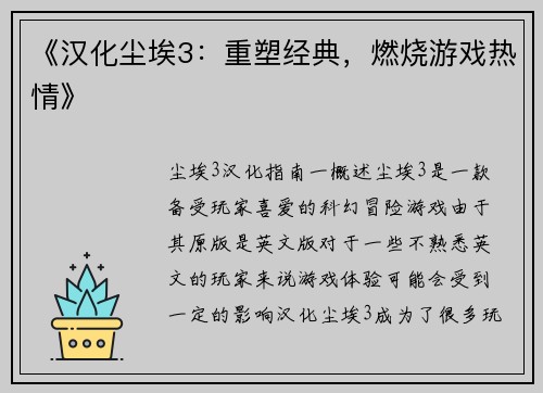 《汉化尘埃3：重塑经典，燃烧游戏热情》